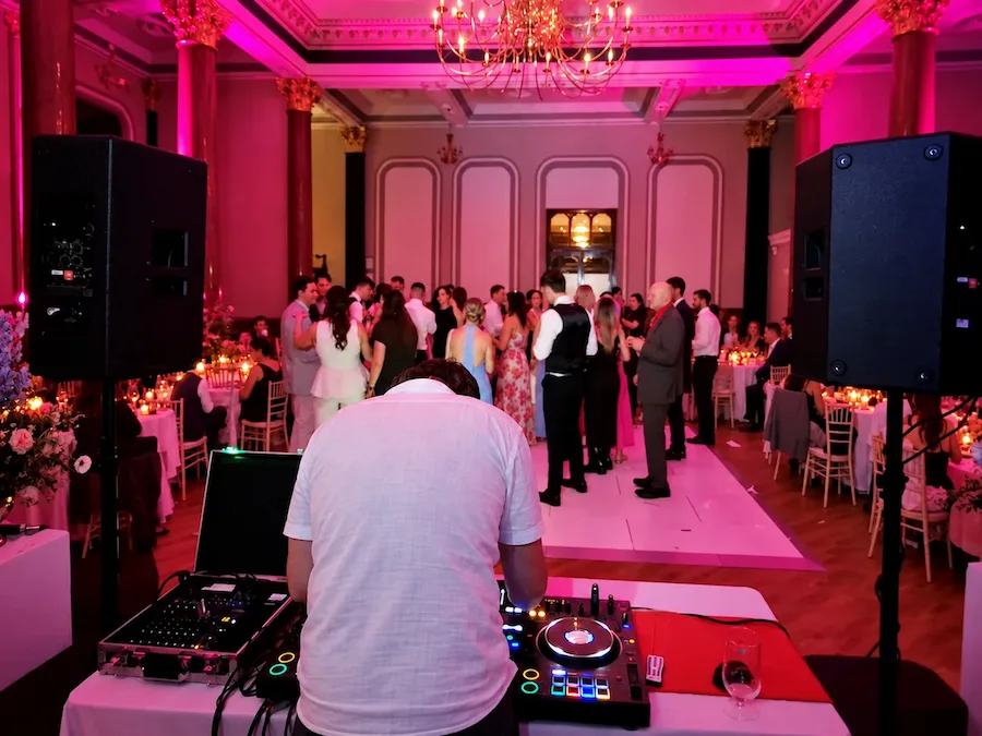 DIY DJ wedding reception with PA speakers, DJ equipment and lighting at The Parr's Bank Hotel Warrington