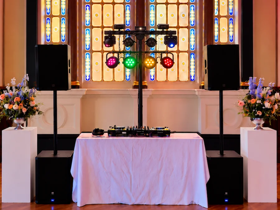 DIY DJ wedding reception PA hire setup with speakers, subwoofers and lighting at The Parr's Bank Hotel Warrington